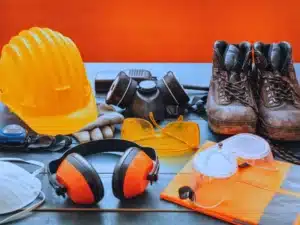 Multiple safety wearables of a construction worker.