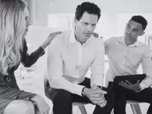 Distressed man being comforted by his team after an office argument.